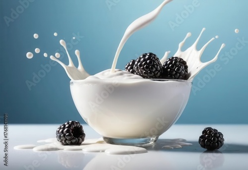 Creamy Milk Splash with Blackberries in Smooth Bowl on Blue Background
