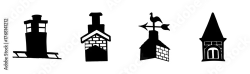 Vintage chimney silhouettes and rooftop elements, set of 4 black architectural icons, rustic weather vane and brick house details on white background
