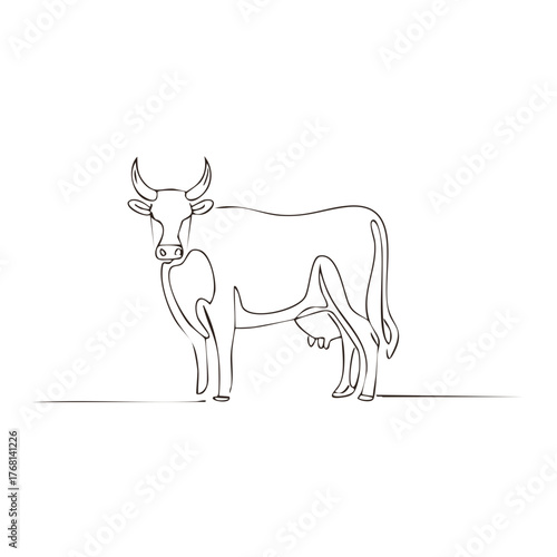 Minimalist single line drawing of a cow, line art farm animal illustration