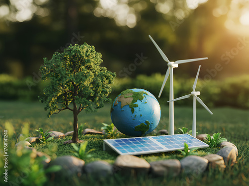 Fototapeta Naklejka Na Ścianę i Meble -  miniature earth with solar panels, wind turbines, and tree for sustainability