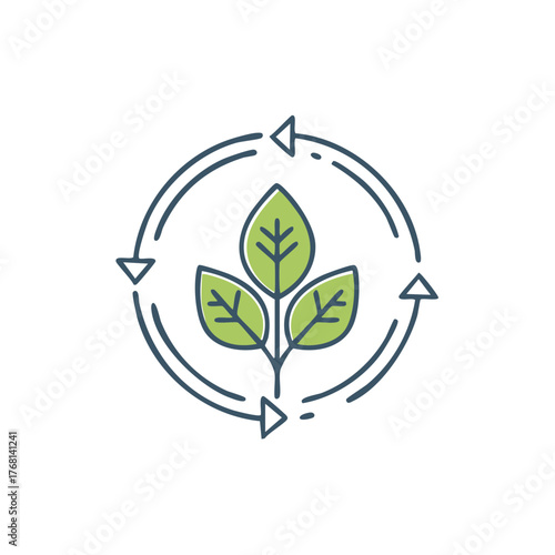 Circular arrow cycle with green leaves symbolizing sustainability and growth