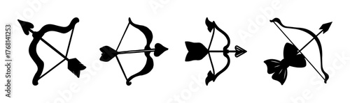 Black bow and arrow icons set, 4 archery silhouette elements, medieval weapon vector graphics, hunting and sport equipment symbols