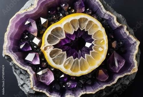 Vibrant Amethyst Geode with Lemon Slice Centerpiece Display