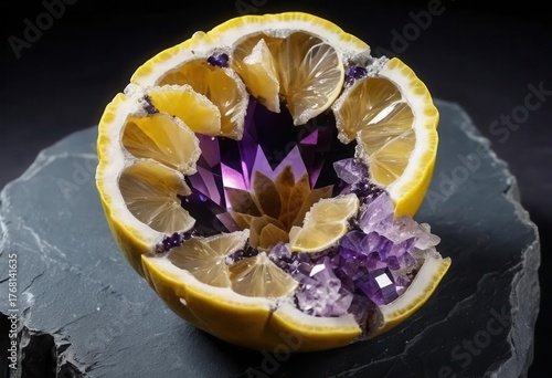 Lemon Halved with Amethyst Crystals in Geode Formation Design