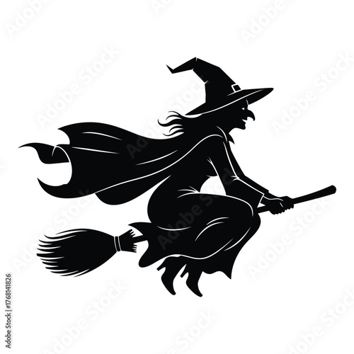 Silhouette of a witch flying on a broomstick with flowing cape for halloween silhouette