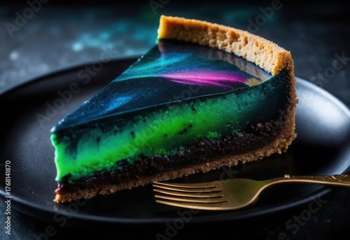 Vibrant Galaxy Cake Slice with Colorful Layers and Chocolate Crust