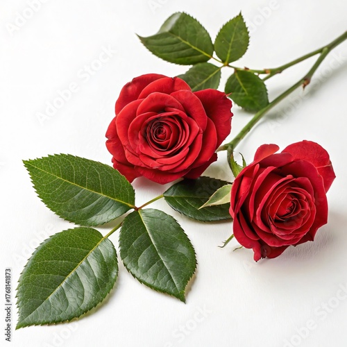 Two Fresh Red Roses with Green Leaves on White Background