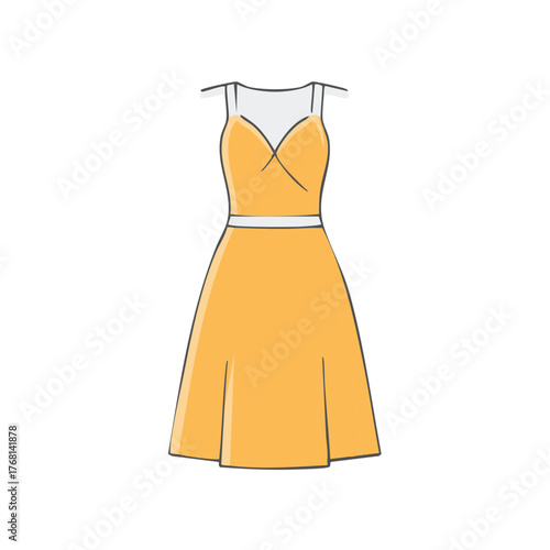 Elegant Yellow Dress Illustration on Hanger with Cross Over Straps and Cinched Waist