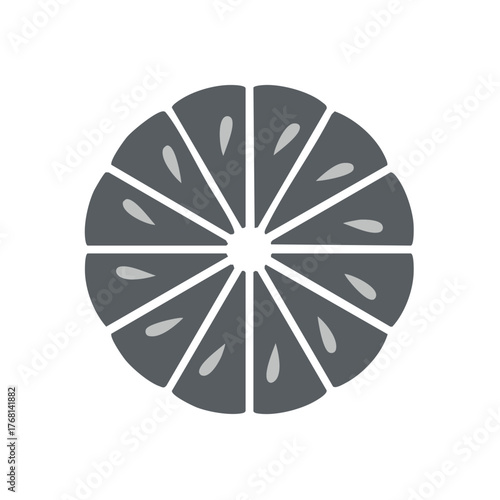 Stylized gray citrus fruit slice icon with segments and seeds, a minimalist graphic illustration.