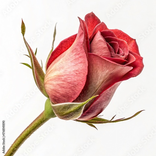 Close-Up of Red Rosebud Beginning to Bloom on White Background