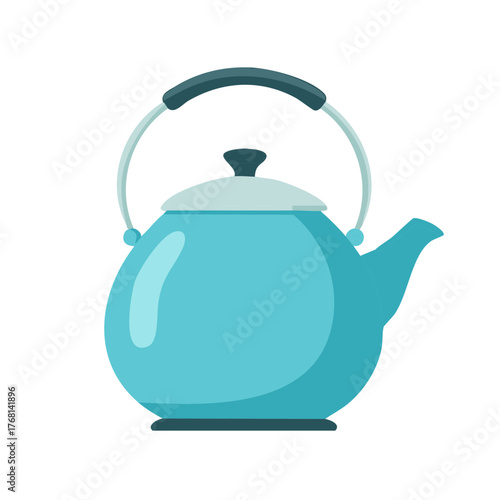 Stylized light blue kettle with dark handle and spout for boiling water