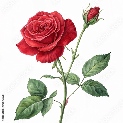 Red Rose with Green Leaves and a Small Bud on White Background