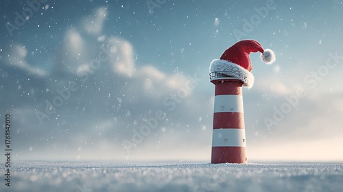 Festive lighthouse adorned with a santa hat in winter landscape