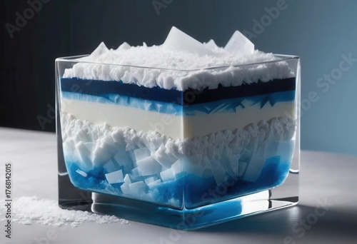 Colorful Layered Dessert in a Glass with Ice and Shimmery Texture