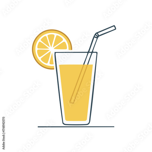 Refreshing orange juice with a straw served in glass with a slice of citrus fruit attached to rim in simple line art