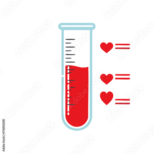 Medical Concept: Blood Test Tube with Hearts for Healthy Blood, Medicine and Health Illustration