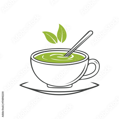 Cup of Matcha Tea Vector Illustration with Green Tea Leaves and Spoon Minimalist Design