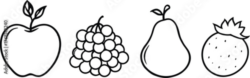 Monochrome Line Drawing of Four Stylized Fruits Including Apple Grapes Pear and Strawberry in a Horizontal Black and White Composition Emphasizing Simplicity and Recognition
