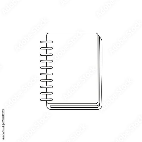 Minimalist line art illustration of a blank spiral bound notebook with white pages