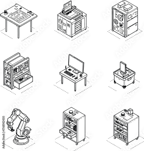 Isometric Grid of Nine Monochrome Illustrations Depicting Laboratory and Industrial Equipment Including Workstations Robotic Arm 3D Printer and Storage Units in a Stylized Black and White Design