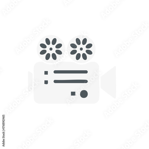 Retro film camera illustration with reels, lens, and menu options for movie production or entertainment industry