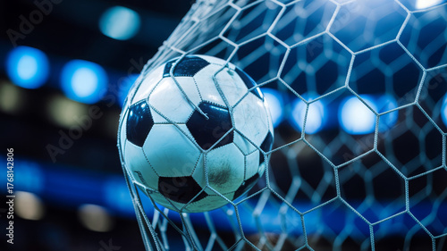 Soccer ball in the net, goal scored, stadium lights in background 