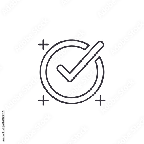 Simple line drawing of a checkmark inside a circle with targeting crosshairs signifying approval and accuracy