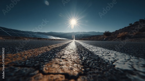 Road stretching horizon but asphalt flexible futuristic solar panel path sustainable future clean energy Dynamic landscape photograph low angle perspective emphasizing road's texture bright direct
