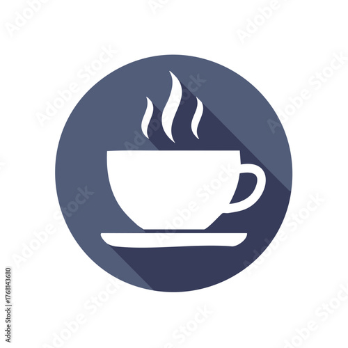Flat design icon of a steaming hot coffee cup with a long shadow on a blue circle