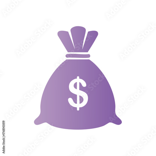 Purple money bag icon with dollar sign and gradient effect, representing finance and wealth