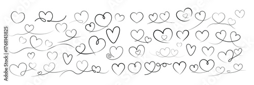 Calligraphic heart line art vector doodle set, hand drawn love symbols with swirly flourishes and decorative divider elements.