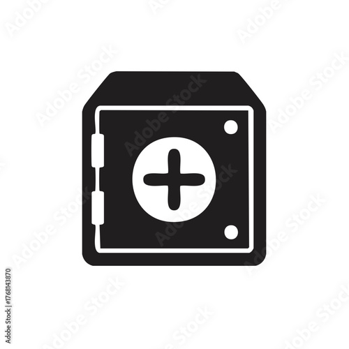 Black silhouette safe box front view with combination lock cross emblem