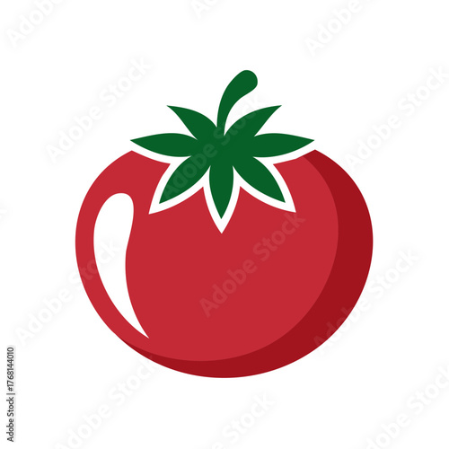 Red ripe tomato with green stem and leaves vector icon simple illustration