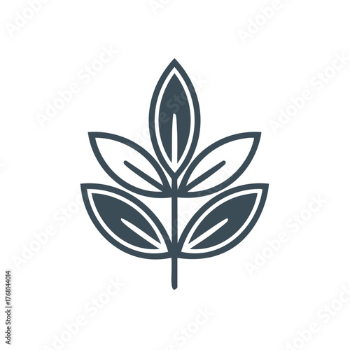 Stylized dark gray leaves on a stem symbol or icon, minimalist design