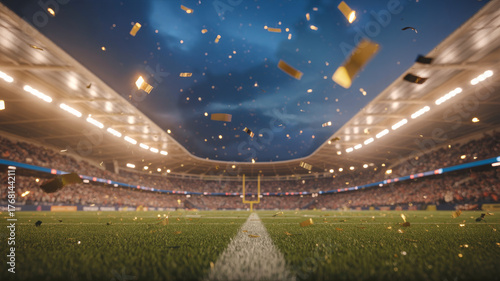 Empty football stadium at night with confetti falling 