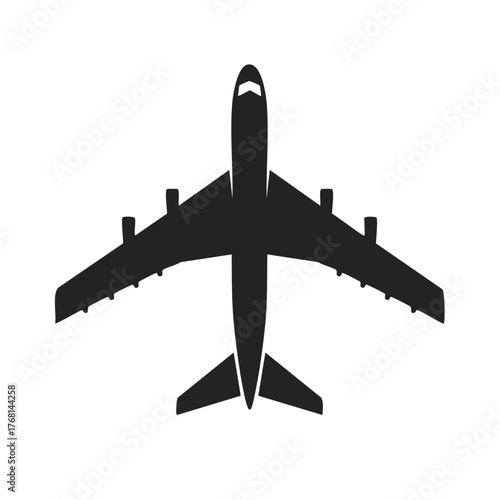 Silhouette of a flying passenger airplane jet aircraft isolated on white. Detailed wings, engine, tail visible.