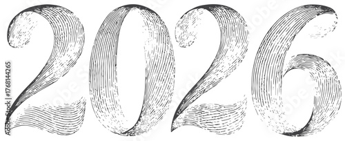 Elegant, textured numerals form 2026 in a vintage sketch style, perfect for New Year campaigns, invitations, banners, and content celebrating fresh beginnings