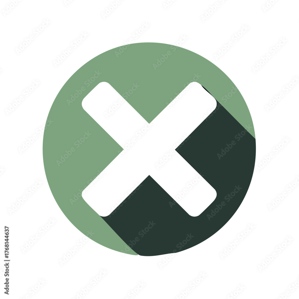 Fototapeta premium Symbol of negation or incorrectness, white 'X' mark in green circle with shadow.