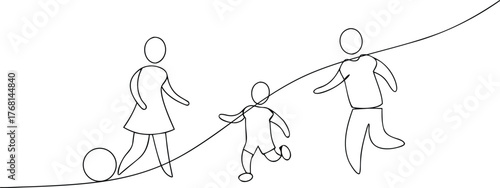 Family playing soccer with a ball on a white background