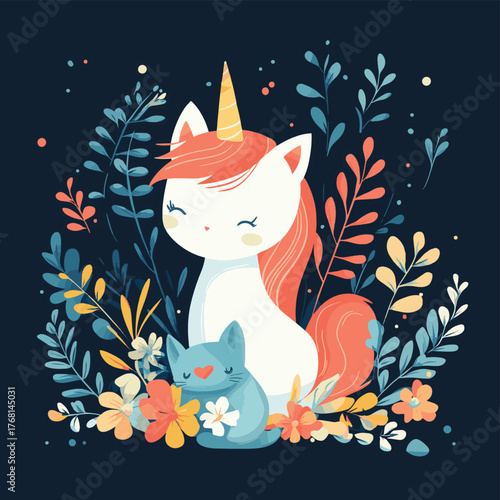 Unicorn with Floral Arrangement and Cat   , vector style simple color