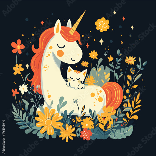 Unicorn with Floral Arrangement and Cat   , vector style simple color