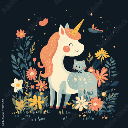 Unicorn with Floral Arrangement and Cat   , vector style simple color