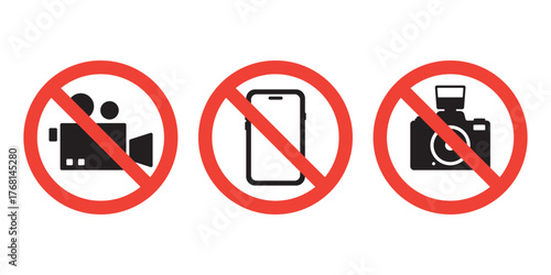 Vector illustration of No Video, No Phone, No Camera, Prohibition Icons for Restrictions and Security