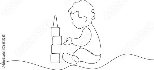 Single line drawing of a baby playing with blocks child