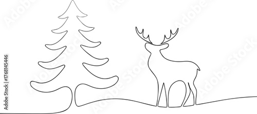 Single line drawing of a reindeer and a Christmas tree