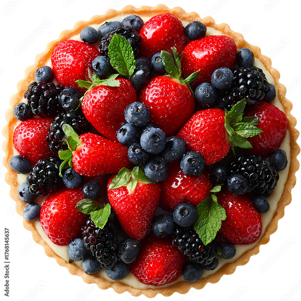 Obraz premium A top down view of a berry tart with strawberries, blueberries, and blackberries isolated on transparent background