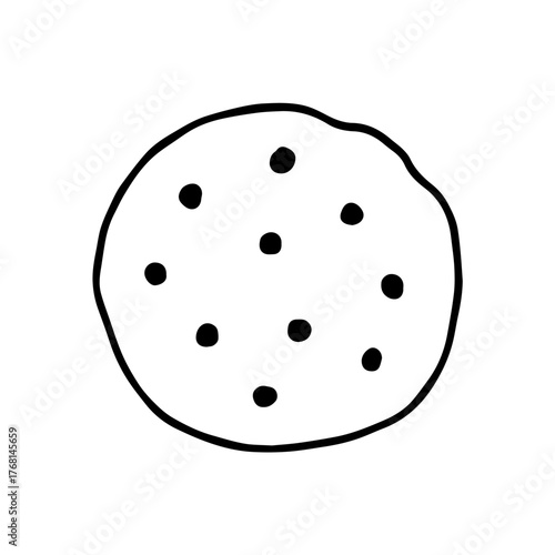 A minimalist doodle of a cookie, dotted to represent chocolate chips or texture, conveying sweetness and playfulness.