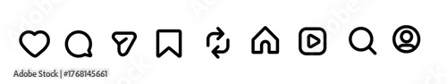 Like, Repost, comment share save Reels Search vector icon set. Site navigation symbol. Social media web linear sign.