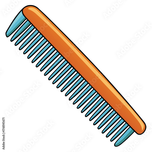 Cartoon illustration of a colorful hair comb with blue teeth isolated on a white background