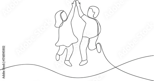 Two people high five jumping celebration success